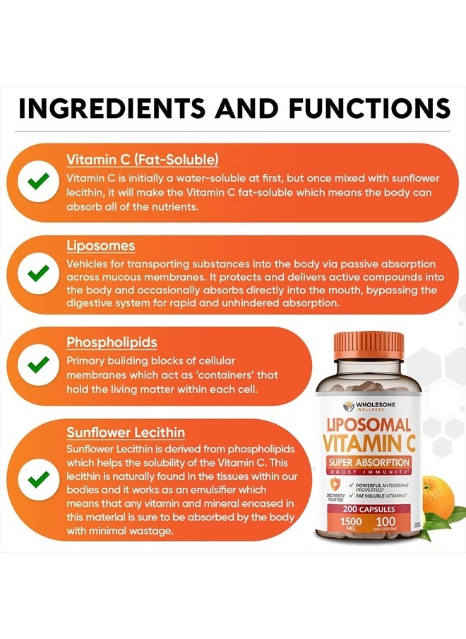Wholesome Wellness - Liposomal Vitamin C Capsules (200 Pills 1500mg Buffered) High Absorption VIT C, Immune System & Collagen Booster, High Dose Fat Soluble Immunity Support Ascorbic Acid Supplement, Natural Vegan - Image 1