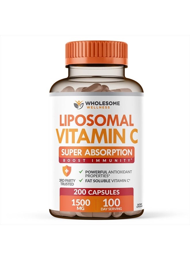 Wholesome Wellness - Liposomal Vitamin C Capsules (200 Pills 1500mg Buffered) High Absorption VIT C, Immune System & Collagen Booster, High Dose Fat Soluble Immunity Support Ascorbic Acid Supplement, Natural Vegan - Image 1
