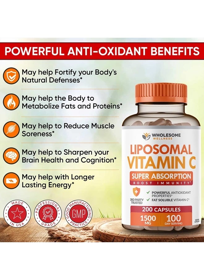 Wholesome Wellness - Liposomal Vitamin C Capsules (200 Pills 1500mg Buffered) High Absorption VIT C, Immune System & Collagen Booster, High Dose Fat Soluble Immunity Support Ascorbic Acid Supplement, Natural Vegan - Image 1