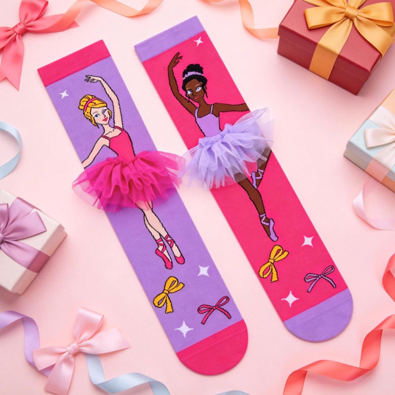 Dalycro Crazy Socks for Kids Funny Silly Knee High Socks with 3D Ballet Skirt, Gift for Girls Women Dancing School Wear (US, Alpha, One Size, Regular, Regular, Pink&Purple) - Image 3