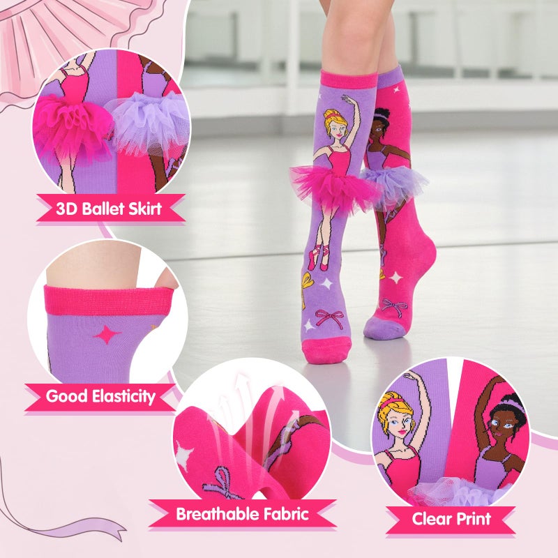 Dalycro Crazy Socks for Kids Funny Silly Knee High Socks with 3D Ballet Skirt, Gift for Girls Women Dancing School Wear (US, Alpha, One Size, Regular, Regular, Pink&Purple) - Image 5