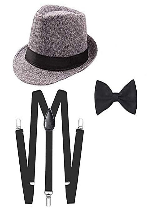 CLOTHERA kids Black Suspender and Bow Tie Set with Grey Hat for 1yr to 4yrs - - Image 1