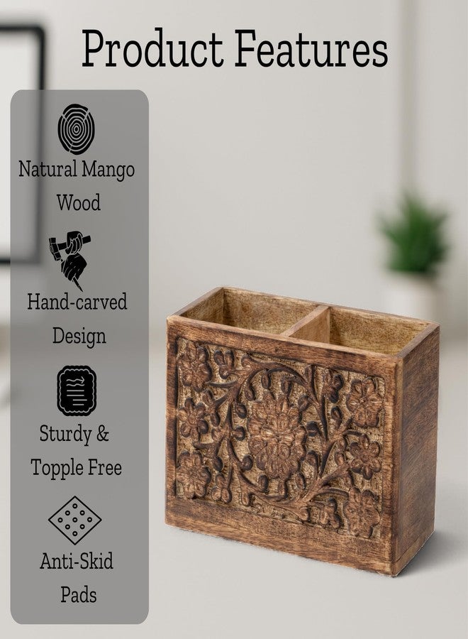 Mie Creations 2 Slot Rustic Pencil Holder Pen Stand for Desk Organizer | Handcarved Wooden Pen Holder for Desktop Table, Wood Office Accessories | Multipurpose School Stationery Craft Supplies 6'' - Image 2