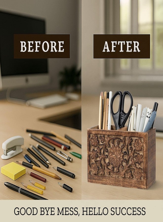 Mie Creations 2 Slot Rustic Pencil Holder Pen Stand for Desk Organizer | Handcarved Wooden Pen Holder for Desktop Table, Wood Office Accessories | Multipurpose School Stationery Craft Supplies 6'' - Image 4