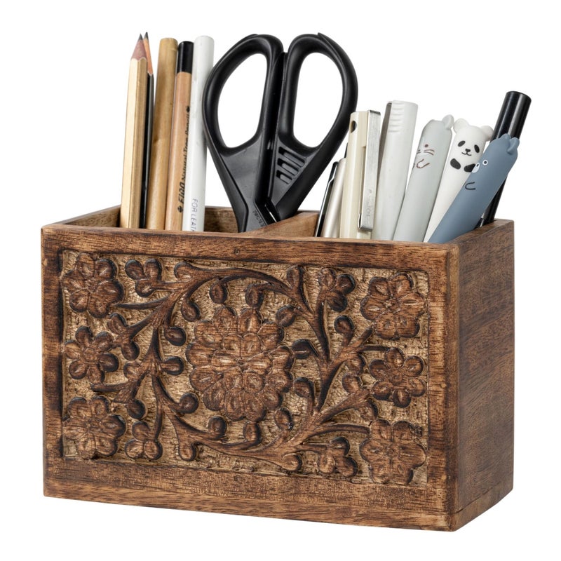 Mie Creations 2 Slot Rustic Pencil Holder Pen Stand for Desk Organizer | Handcarved Wooden Pen Holder for Desktop Table, Wood Office Accessories | Multipurpose School Stationery Craft Supplies 6'' - Image 1