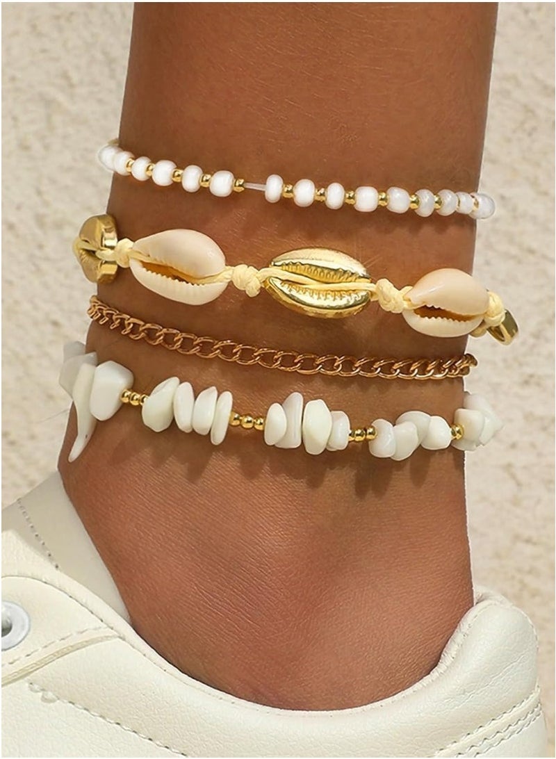 GIFT Handmade Boho Shell Anklet for Women, Shell Ankle Bracelet Set for Women, Gold Boho Bead Adjustable Anklet, Hawaiian Beach Seashell Pearl Heart Starfish Conch Foot Jewelry Gifts - Image 3