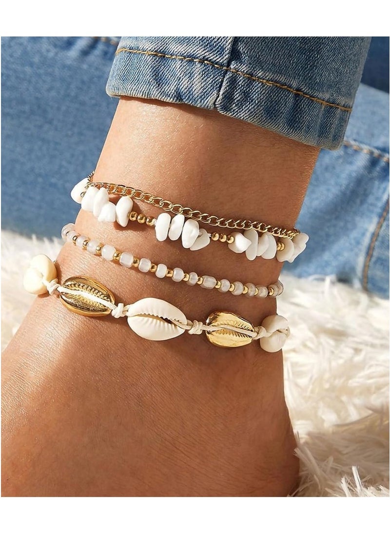 GIFT Handmade Boho Shell Anklet for Women, Shell Ankle Bracelet Set for Women, Gold Boho Bead Adjustable Anklet, Hawaiian Beach Seashell Pearl Heart Starfish Conch Foot Jewelry Gifts - Image 1