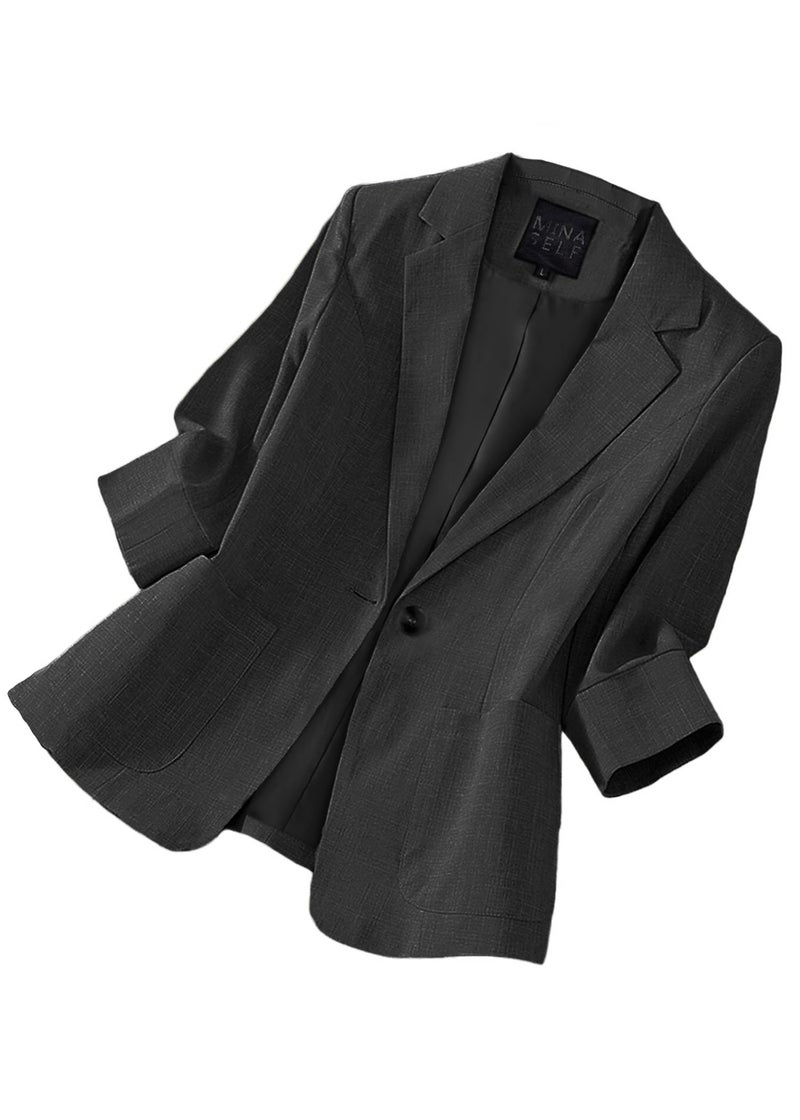 Mina Self Linen Blazer Jackets for Women 34 Sleeve Lightweight 2025 Black Summer Womens Business Casual Fashion Dressy Blazer Light Trendy Suit Boyfriend Womens Work Office Jacket Suits Black L