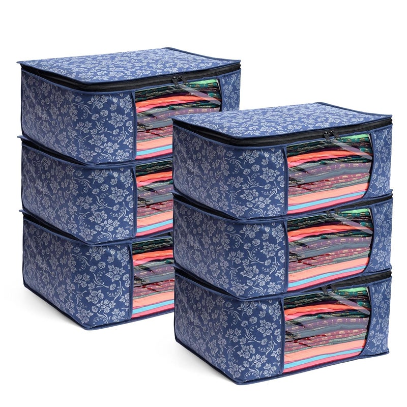 LAXIS ® Saree Covers With Zip Non-Woven Printed Saree Cover/Saree Organizer For Wardrobe/Cloth Storage With Transparent Window/Saree Bags Storage/Clothes Organizer (Blue- Pack of 6) - Image 1