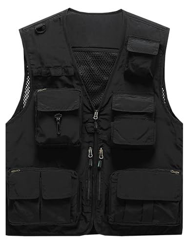 Flygo Men's Casual Lightweight Outdoor Fishing Work Safari Travel Photo Cargo Vest Jacket Multi Pockets(Large, Black) - Image 1