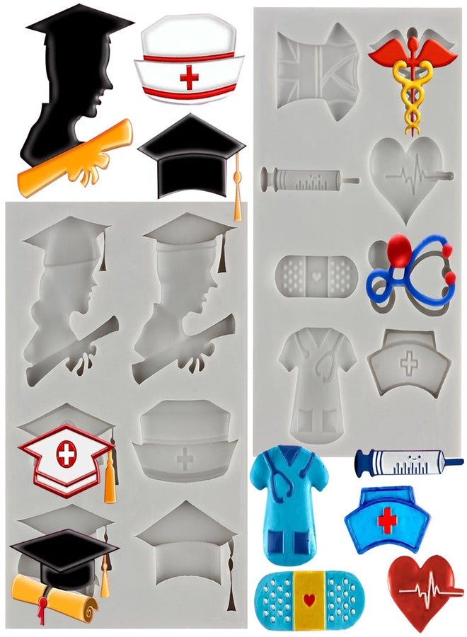 MINFEIDMS Nurse Graduation Themed Fondant Molds Silicone Doctor Nurse Grad Hat Medical Equipment Candy Mold Congrats Grad Chocolate Mold For Graduation Cake Decorating Cupcake Gum Paste Polymer Clay - Image 1