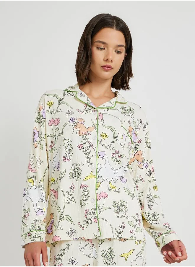 تايك تو Take Two Floral Print Long Sleeve Shirt and Pyjama Set