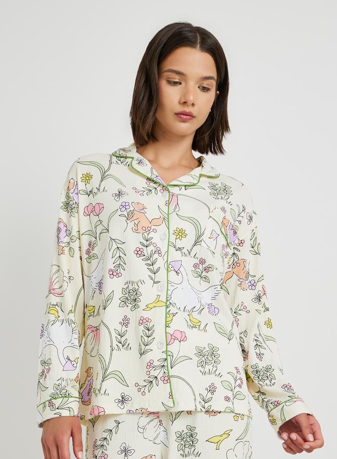 تايك تو طقم بيجامة وقميص بأكمام طويلة بطبعة زهور - Image 2