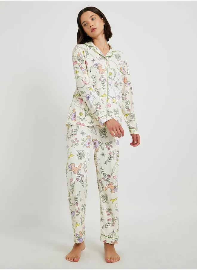 تايك تو Take Two Floral Print Long Sleeve Shirt and Pyjama Set