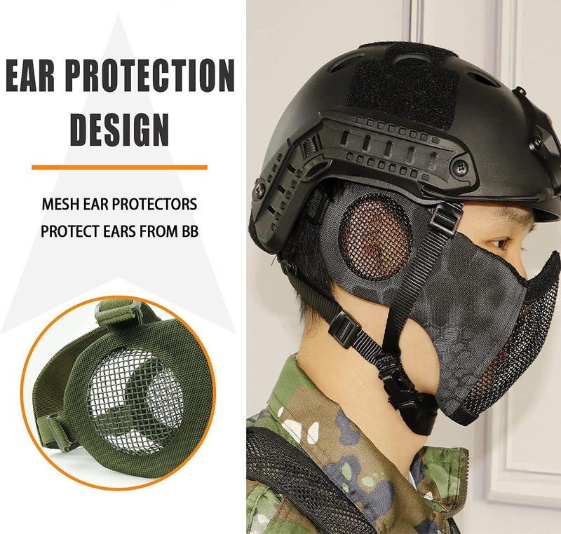 Aoutacc Airsoft Protective Gear Set, Half Face Mesh Mask with Ear Protection and Tactical Goggles for Adult Men Women BBS Paintball Shooting CS Survival Games Cosplay - Image 4