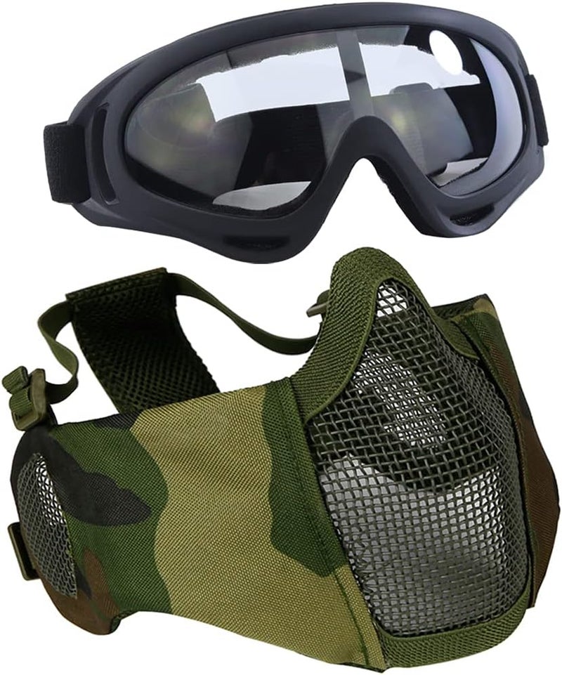 Aoutacc Airsoft Protective Gear Set, Half Face Mesh Mask with Ear Protection and Tactical Goggles for Adult Men Women BBS Paintball Shooting CS Survival Games Cosplay - Image 1