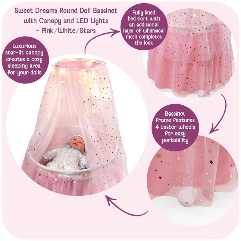 Badger Basket Enchanting Sweet Dreams Round Doll Bassinet with Canopy and LED Lights for 18-Inch Dolls â€“ A Magical Sleeping Space - Image 2
