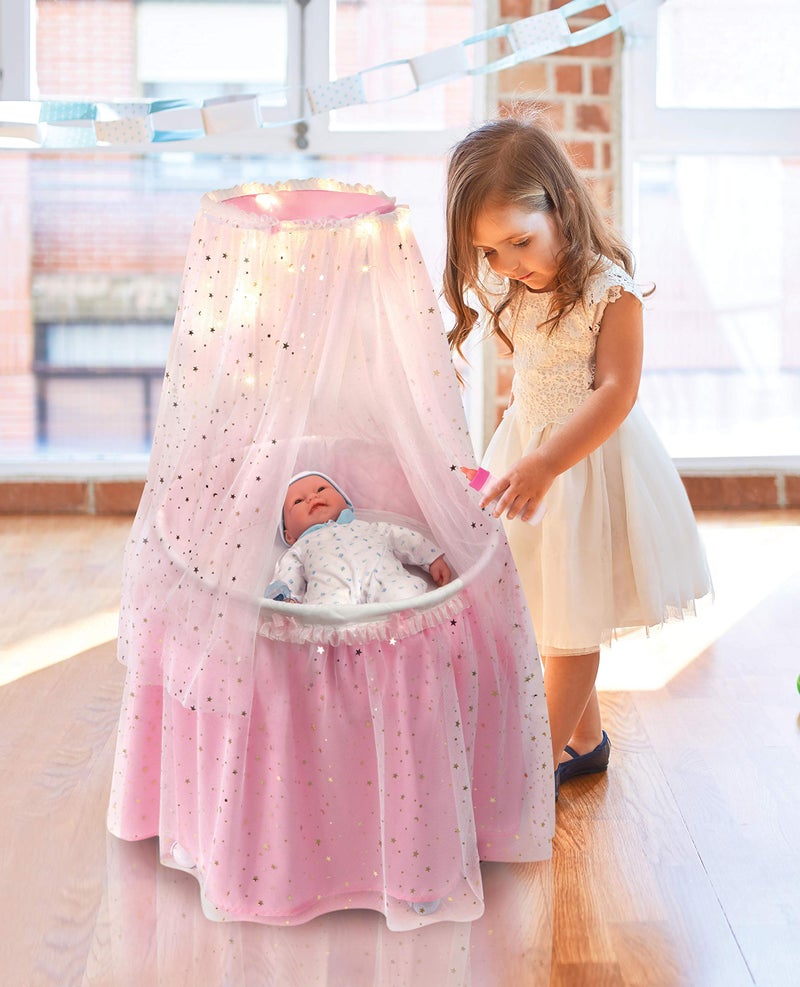 Badger Basket Enchanting Sweet Dreams Round Doll Bassinet with Canopy and LED Lights for 18-Inch Dolls â€“ A Magical Sleeping Space - Image 5