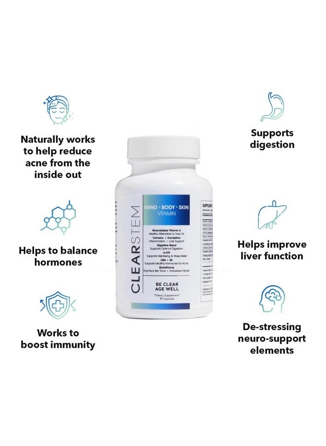 كلير ستيم مكمل Mindbodyskin الهرموني لعلاج حب الشباب (5Htp) مكمل طبيعي للعناية بالبشرة وفيتامينات توازن الهرمونات ومضادات الأكسدة نباتي وخالي من الجلوتين وخالٍ من القسوة على الحيوانات 30 وجبة، 90 كبسولة  - Image 3