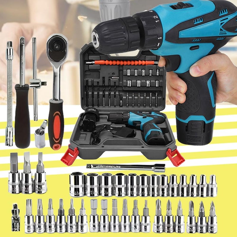 Galaxe Torque Portable Cordless Drill Set Wireless Impact Drills 12V Rechargeable Screwdriver Kits with Hand Tool Kit Socket Set For Repair GLX12V46SS7 74pcs tool kit - Image 1