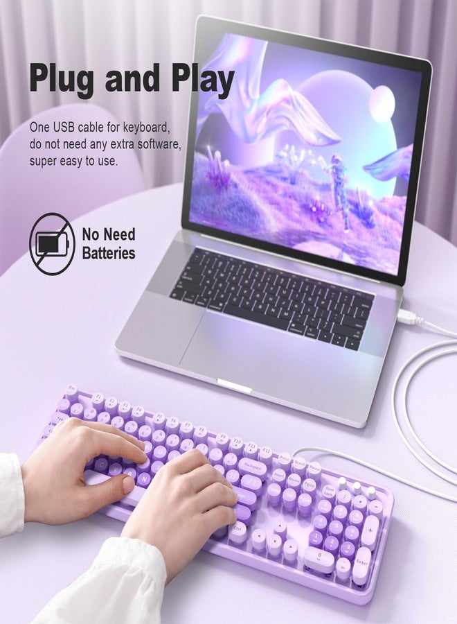 MOFII Keyboard Wired Large Print, Computer Keyboard Plug Play, Colorful Retro Round Typewriter Keyboard with Numeric Keypad and Media Hotkey for Windows PC Laptop (Pale Purple) - Image 3