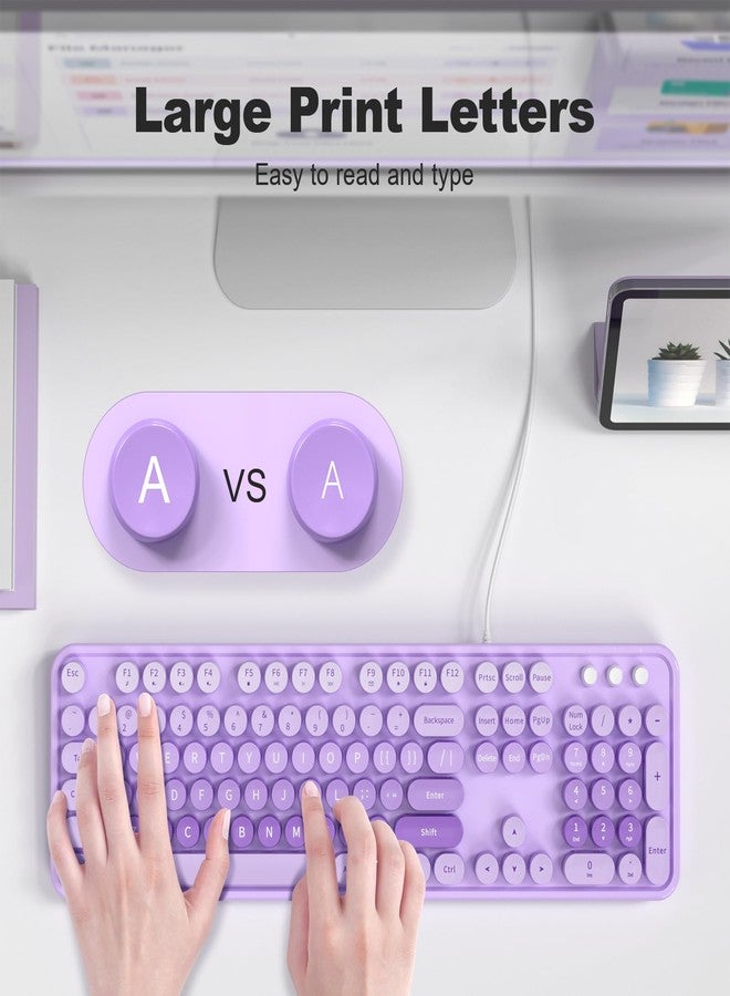 MOFII Keyboard Wired Large Print, Computer Keyboard Plug Play, Colorful Retro Round Typewriter Keyboard with Numeric Keypad and Media Hotkey for Windows PC Laptop (Pale Purple) - Image 2