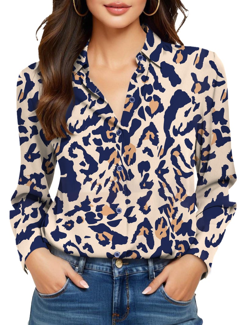 COUXILY Blouses for Women Business Casual Women's Long Sleeve Womens Dressy Silk Shirts Fall Trendy Tops Button Down Blouse Up Shirt Dress Work Non-Iron Wrinkle Free Cute Blue Pattern 02 M - Image 1