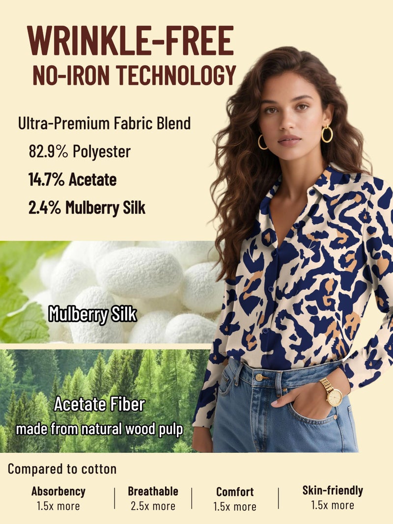 COUXILY Blouses for Women Business Casual Women's Long Sleeve Womens Dressy Silk Shirts Fall Trendy Tops Button Down Blouse Up Shirt Dress Work Non-Iron Wrinkle Free Cute Blue Pattern 02 M - Image 3