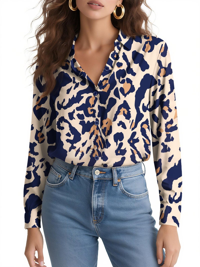 COUXILY Blouses for Women Business Casual Women's Long Sleeve Womens Dressy Silk Shirts Fall Trendy Tops Button Down Blouse Up Shirt Dress Work Non-Iron Wrinkle Free Cute Blue Pattern 02 M - Image 2