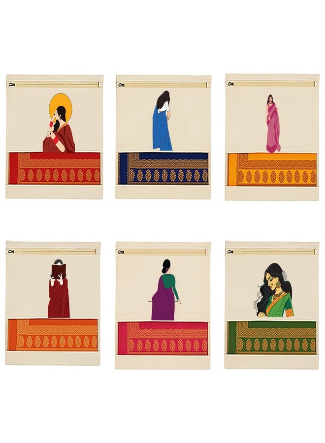 Wrapzy Pure Cotton Printed Saree Cover for Storage | Pack of 6 | Large 16.5 x 14.5 Inch Saree Bags with Zip & Transparent Mesh Window | Reusable Wardrobe Organizer for Sarees & Clothes - Image 1