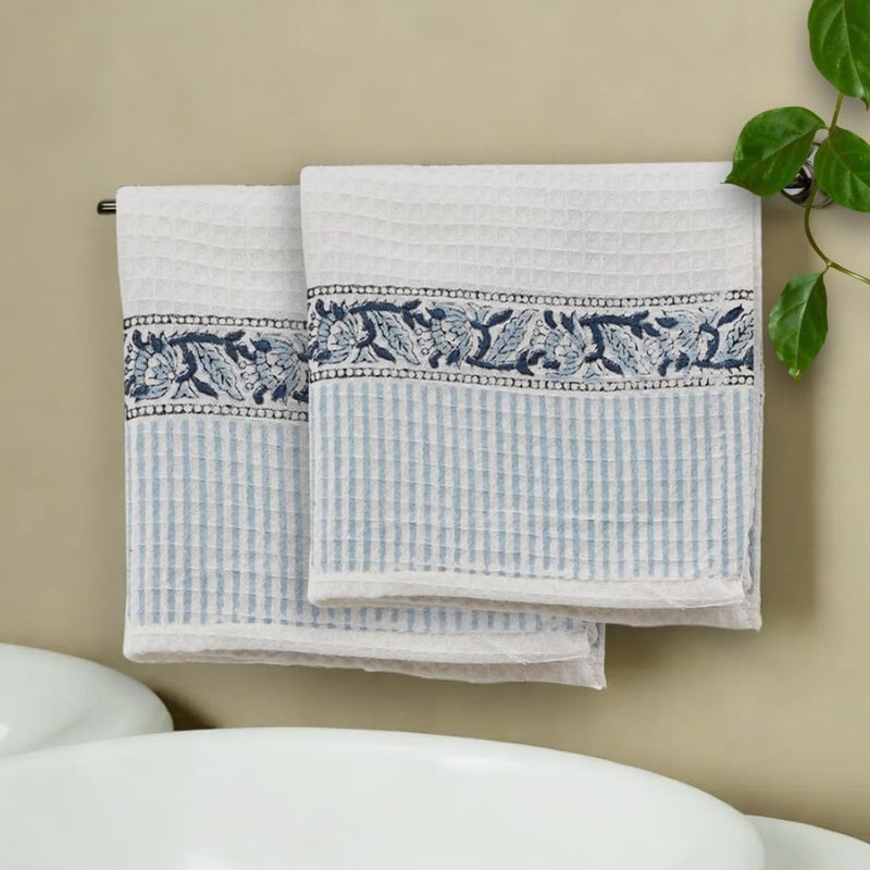 Peepul Tree Hand Block Printed Towel Set Super Absorbent Soft Faster Drying Floral Printed 100 Pure Cotton 240 GSM 2 Hand Towel Set Blue - Image 2