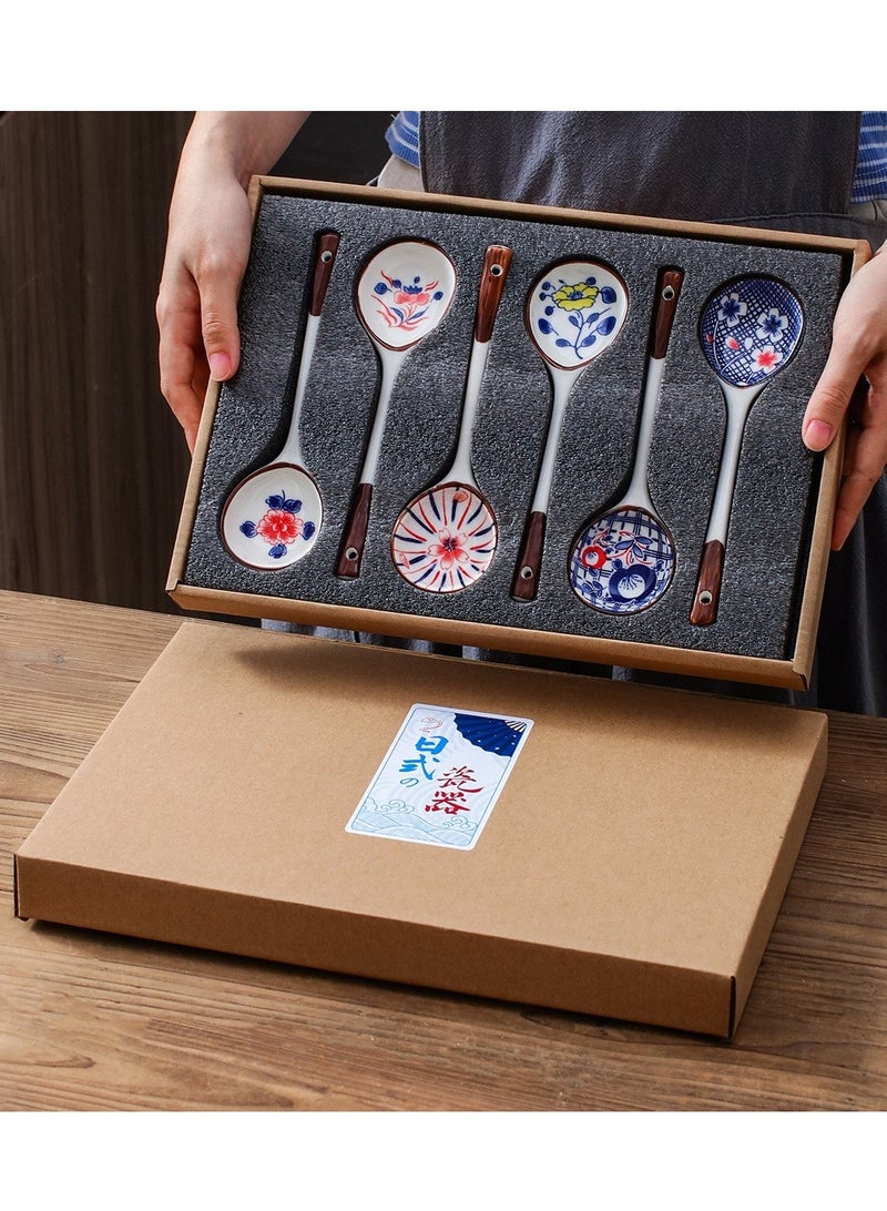 Bukela Set of 6 Hand-painted Ceramic Afternoon Tea and Coffee Stirring Spoons in a Gift Box, Long-handled Soup Spoons, Handcrafted Japanese Soup Spoons, Dinner Spoons (17.8 cm) - Image 1