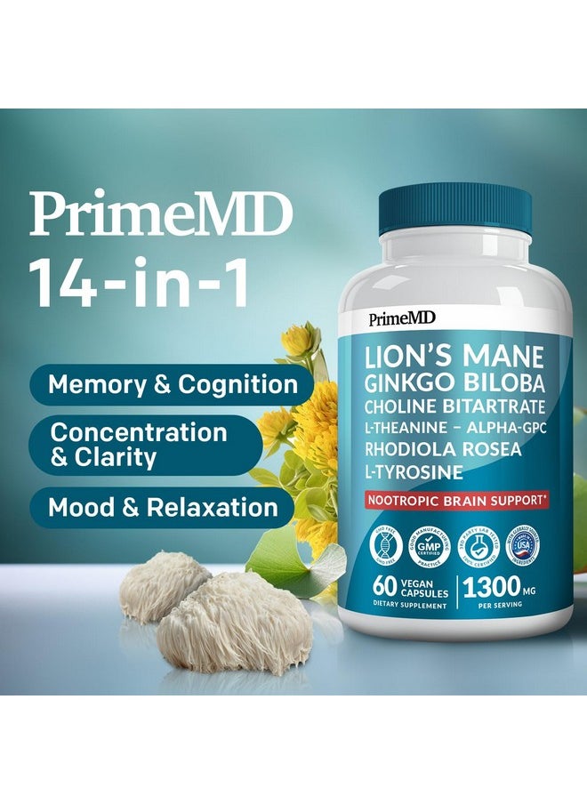14-in-1 Lions Mane Supplement Capsules - Nootropic Brain Supplement with Ginkgo Biloba for Brain Support, Memory and Focus - Alpha GPC, L Theanine & Choline Supplements with 1300mg Per Serving (60 ct)