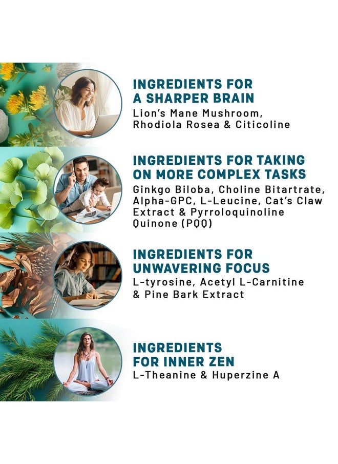 14-in-1 Lions Mane Supplement Capsules - Nootropic Brain Supplement with Ginkgo Biloba for Brain Support, Memory and Focus - Alpha GPC, L Theanine & Choline Supplements with 1300mg Per Serving (60 ct)