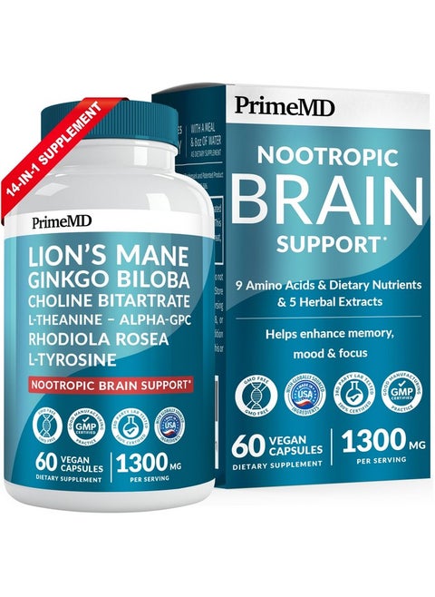 14-in-1 Lions Mane Supplement Capsules - Nootropic Brain Supplement with Ginkgo Biloba for Brain Support, Memory and Focus - Alpha GPC, L Theanine & Choline Supplements with 1300mg Per Serving (60 ct)