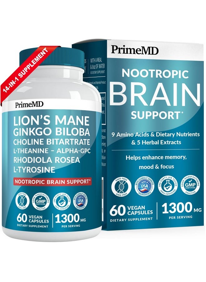 14-in-1 Lions Mane Supplement Capsules - Nootropic Brain Supplement with Ginkgo Biloba for Brain Support, Memory and Focus - Alpha GPC, L Theanine & Choline Supplements with 1300mg Per Serving (60 ct)