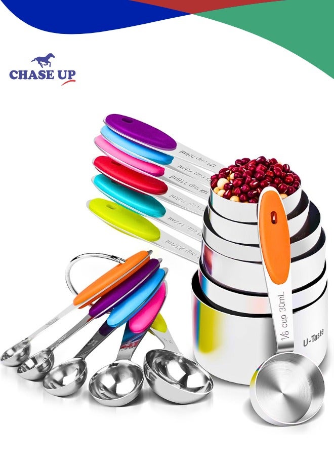 Chase Up 10 Piece Measuring Cups and Measuring Spoons Set with Detachable Ring – Stainless Steel Stackable 5 Cups 5 Spoons with Silicone Grip Handle to Measure Dry Liquid Food for Cooking or Baking