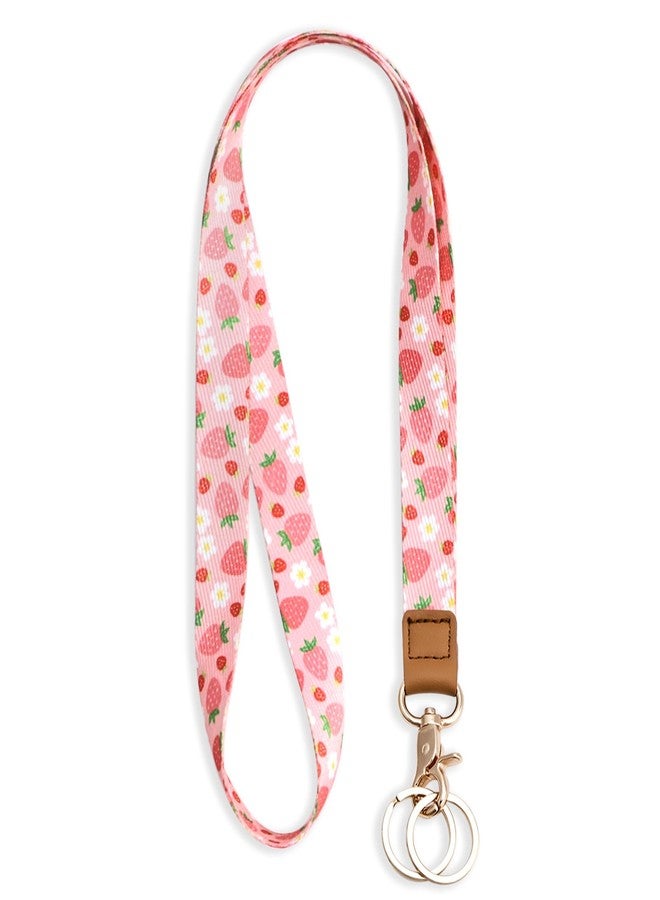 Knagsfa Badge Lanyards Neck Strap Leather with Dual Keyrings Metal Hook for ID Badges Keys, Long Cute Lanyard Keychain for Women Men Girls Boy, Strawberry Smallflower - Image 1