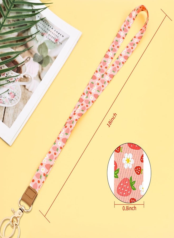 Knagsfa Badge Lanyards Neck Strap Leather with Dual Keyrings Metal Hook for ID Badges Keys, Long Cute Lanyard Keychain for Women Men Girls Boy, Strawberry Smallflower - Image 2