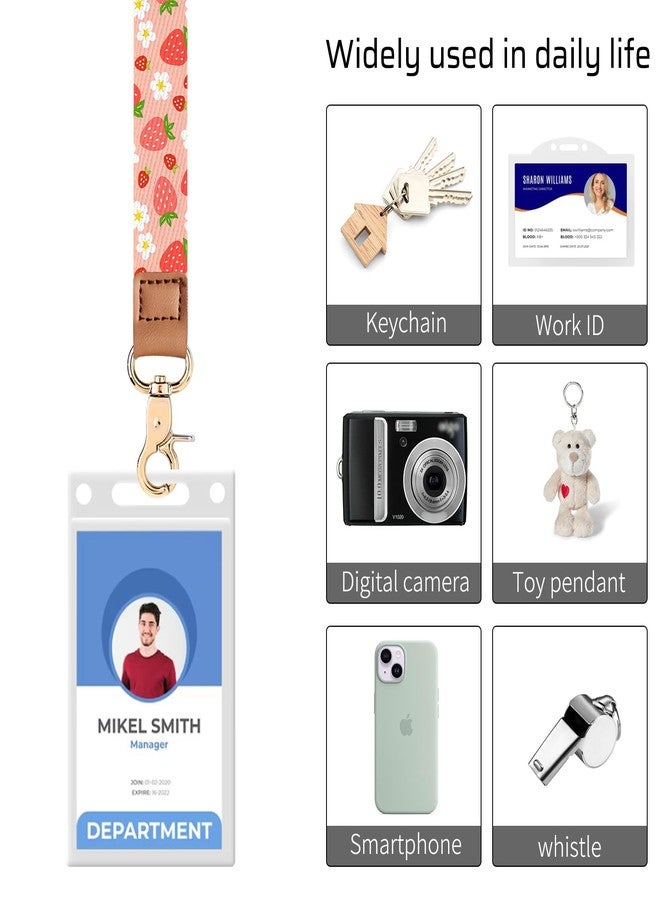 Knagsfa Badge Lanyards Neck Strap Leather with Dual Keyrings Metal Hook for ID Badges Keys, Long Cute Lanyard Keychain for Women Men Girls Boy, Strawberry Smallflower - Image 3