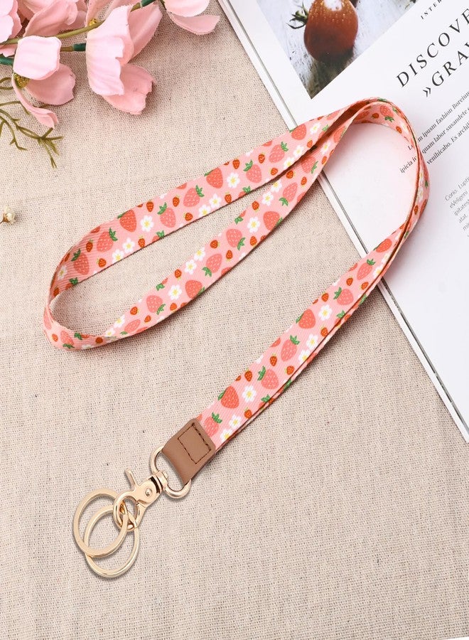 Knagsfa Badge Lanyards Neck Strap Leather with Dual Keyrings Metal Hook for ID Badges Keys, Long Cute Lanyard Keychain for Women Men Girls Boy, Strawberry Smallflower - Image 5