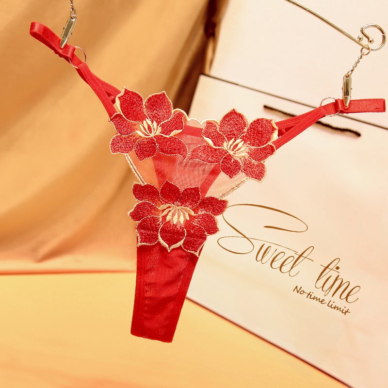 Chic Embroidered Plus-Size Thong for Women Red  - Image 1