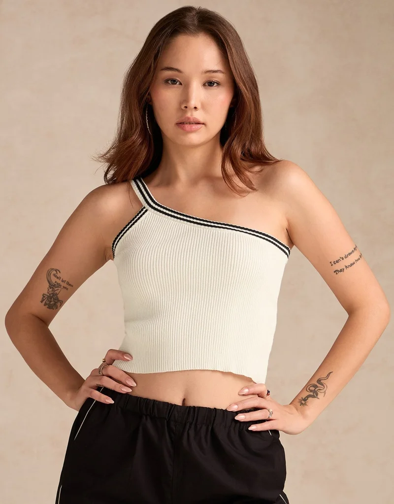 Outzidr white White One Shoulder Flat Knit Tank for Women | Best Price UAE