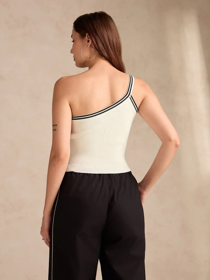 Outzidr white White One Shoulder Flat Knit Tank for Women | Best Price UAE