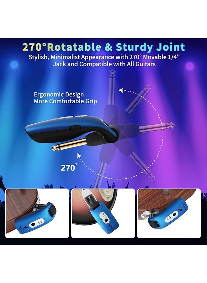A9 Wireless Guitar System 2.4GHz Built-in Rechargeable Lithium Battery 270°Rotatable Audio Wireless Transmitter Receiver for Acoustic Guitar Bass Violin Keyboard Electric Instruments, Blue