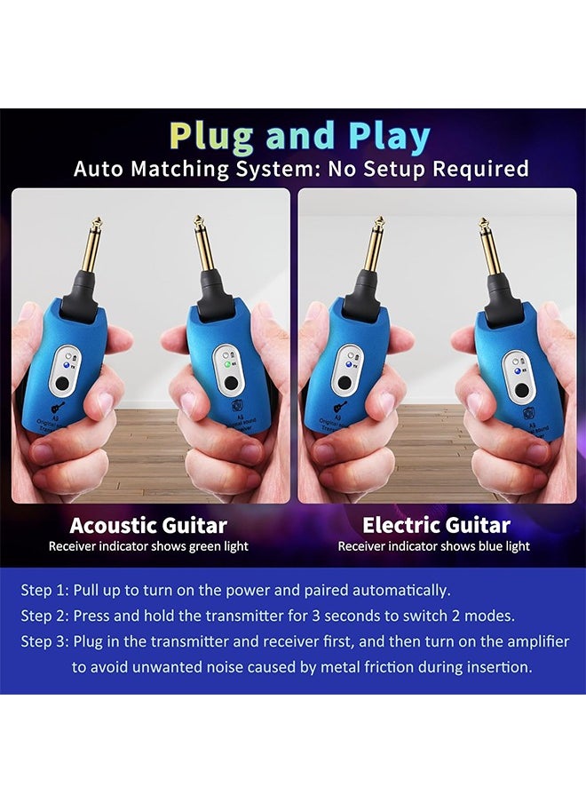 A9 Wireless Guitar System 2.4GHz Built-in Rechargeable Lithium Battery 270°Rotatable Audio Wireless Transmitter Receiver for Acoustic Guitar Bass Violin Keyboard Electric Instruments, Blue