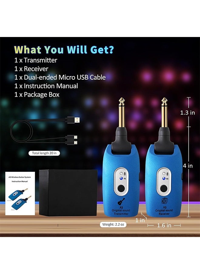 A9 Wireless Guitar System 2.4GHz Built-in Rechargeable Lithium Battery 270°Rotatable Audio Wireless Transmitter Receiver for Acoustic Guitar Bass Violin Keyboard Electric Instruments, Blue