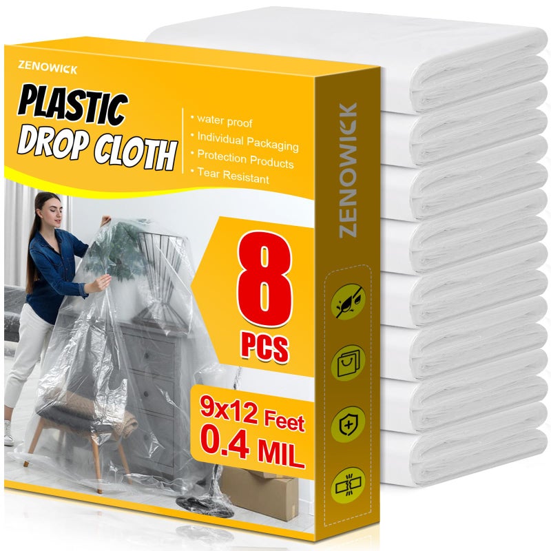 ZENOWICK 8 Pack Plastic Drop Cloth, 9x12 Ft Plastic Sheeting for Painting, Dust-Proof Tear-Resistant Painters Plastics Tarp Cloth for Furniture Floor Sofa Protector Cover Durable & Thick - Image 1