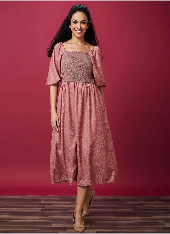 globus Polka Dot Print Smocked A-Line Midi Dress by Styli