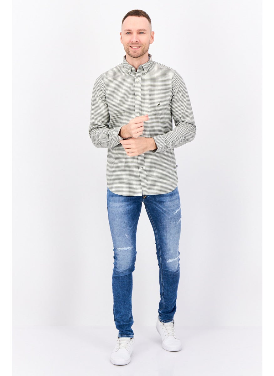 NAUTICA Men Classic Fit Micro Check Print Long Sleeve Casual Shirts, Green/White  - Image 3